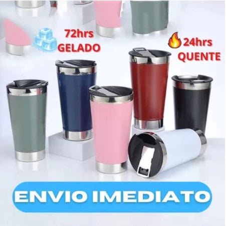 Copo Térmico com Tampa E Abridor 473ml Cerveja Café Inox Gelada Quente - HomeChic